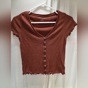 American Eagle Outfitters Brown Ribbed Button-Up Top
